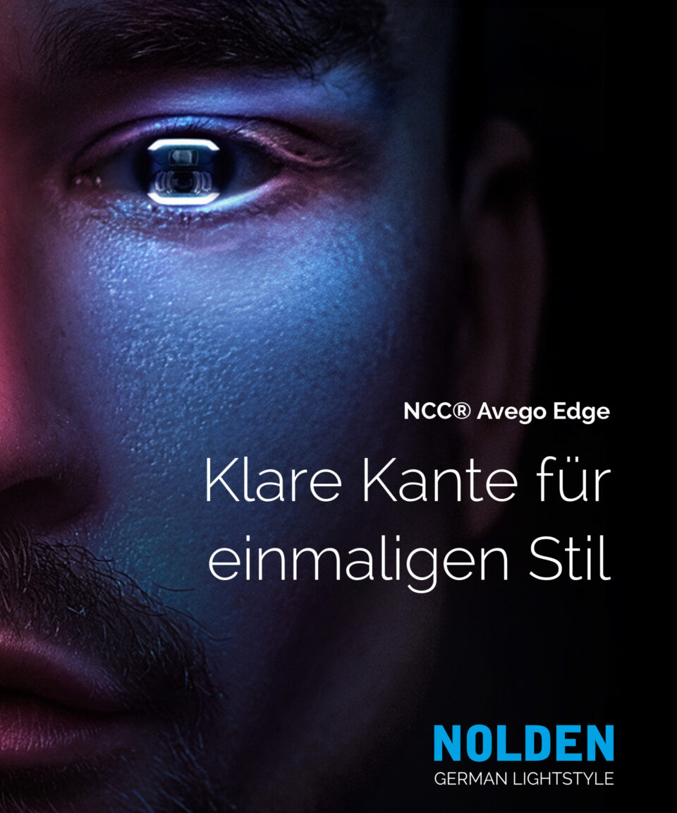 Werbeplakat von Nolden für das Modell NCC Avego Edge mit einem Auge im futuristischen Lichtstil und dem Text „Klare Kante für einmaligen Stil“