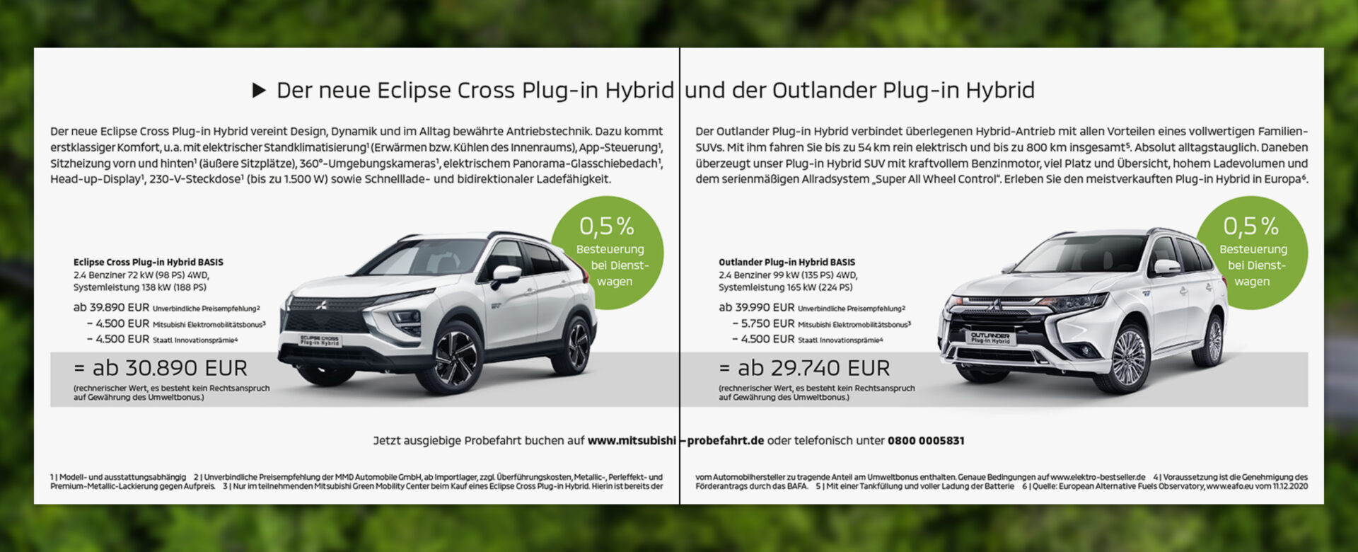 Zwei Mitsubishi Plug-in Hybrid Modelle auf einer Angebotsseite mit Preisübersicht und Informationen zu Leistung, Ausstattung und Besteuerung