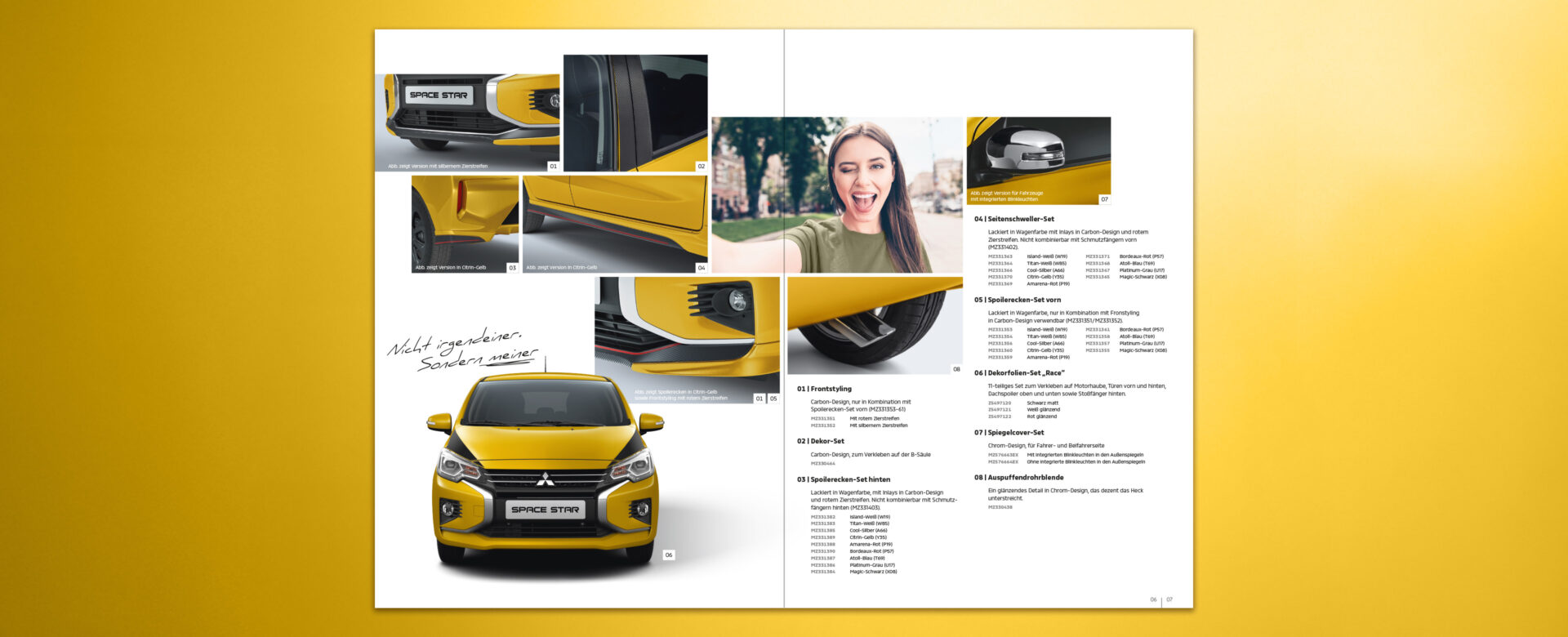 VOON Werbeagentur Case – Literaturkonzept Zubehörprospekt Mitsubishi Space Star Doppelseiten-Beispiele 1