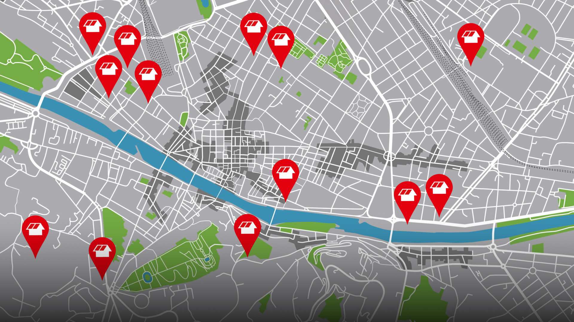 Stadtkarte mit markierten Standorten von Photovoltaik-Anlagen als Grundlage für ein zielgerichtetes Mailing für Mitsubishi Plug-in Hybride