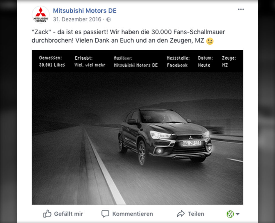 VOON Werbeagentur Case – Mitsubishi Social Media Post 30.000 Fans erreicht