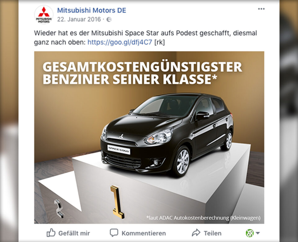 VOON Werbeagentur Case – Mitsubishi Social Media Post Space Star Auszeichnung